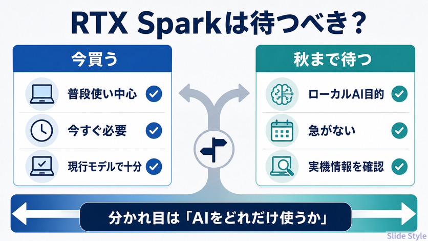 RTX Sparkを待つべきか今ノートPCを買うべきかを比較する図