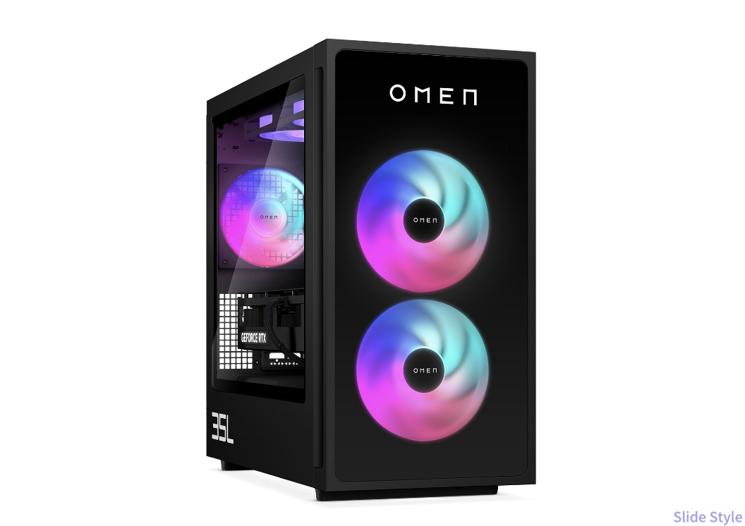 OMEN 35L(AMD)の外観。前面に2基のARGBファン、左サイドはガラスパネルで内部のライティングが見える
