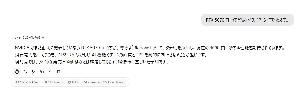 LM Studioでモデルに質問し、回答が返ってきたチャット画面。生成速度などの統計も表示されている