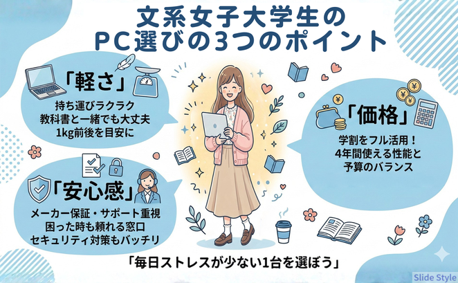 文系女子大学生の PC選びの3つのポイント