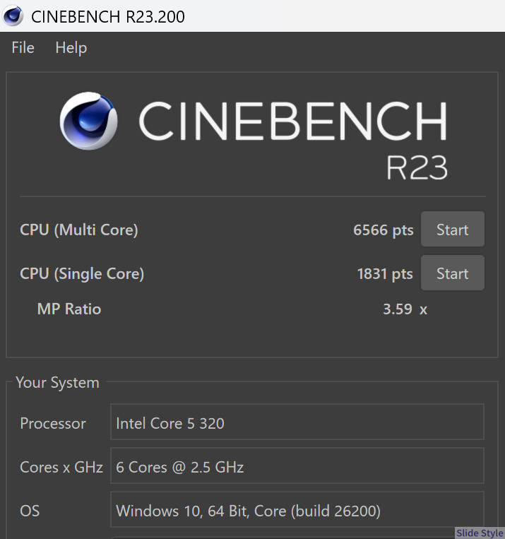 Cinebench R23の結果画面 マルチコア6566 シングルコア1831