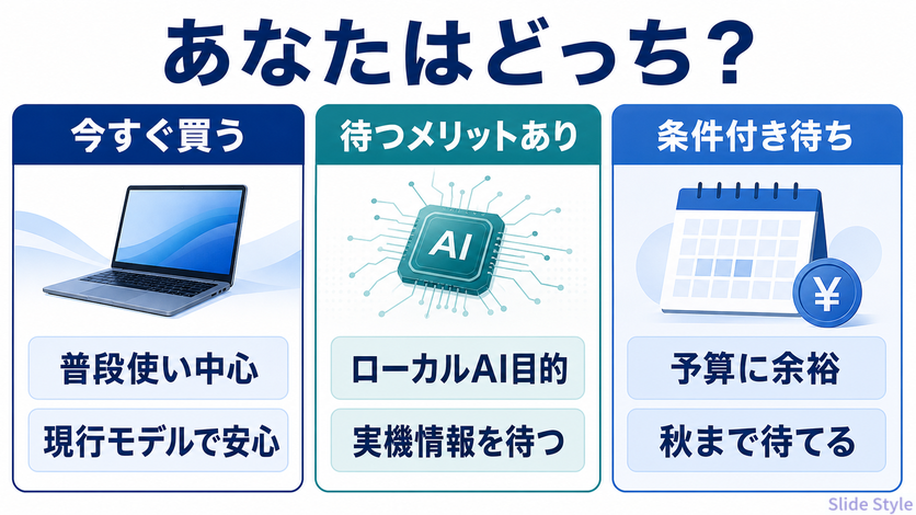タイプ別に買うか待つかを判断する図