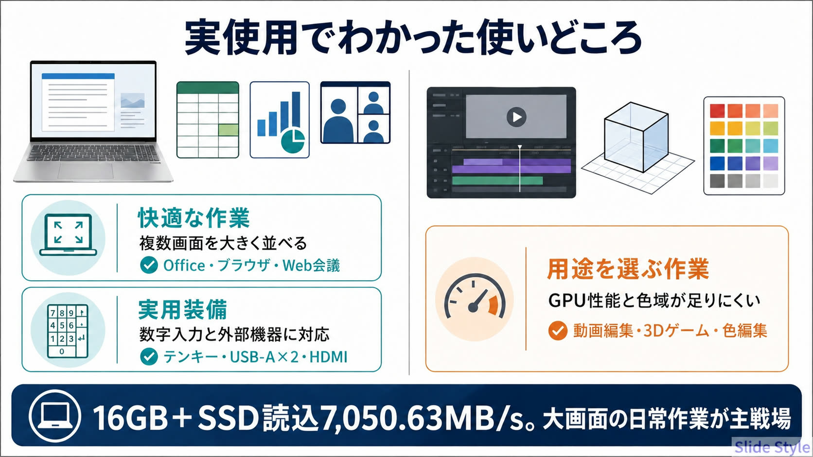 OmniBook 3 16-bzを実際に使ってわかった使いどころ。Office・ブラウザ・Web会議が快適で、テンキー・USB-A×2・HDMIを備える。動画編集・3Dゲーム・色編集はGPU性能と色域が足りにくい