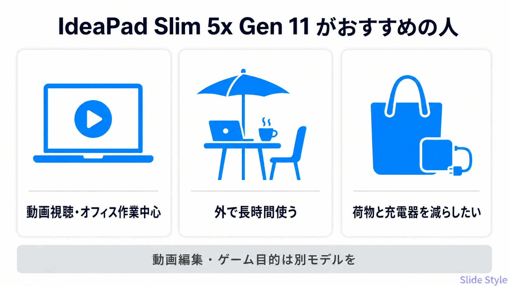 IdeaPad Slim 5x Gen 11がおすすめの人:動画視聴やオフィス作業が中心・外で長時間使う・荷物と充電器を減らしたい