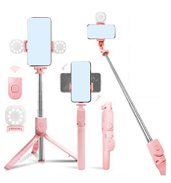 Selfie stick with light and tripod, pink
