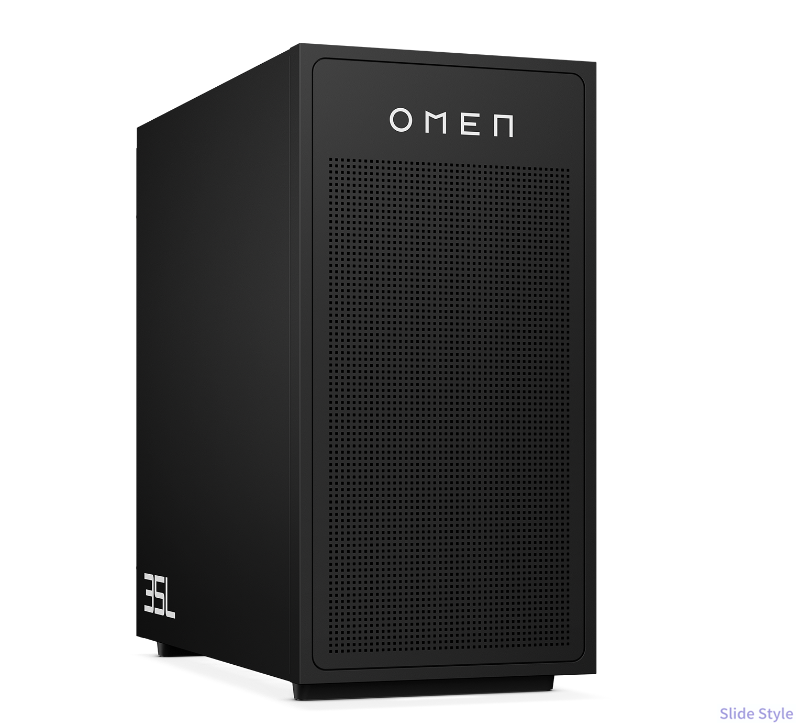 OMEN 35L Stealth Editionの外観。黒一色の筐体で、前面のファンもサイドパネルも黒でまとめたシンプルな外観