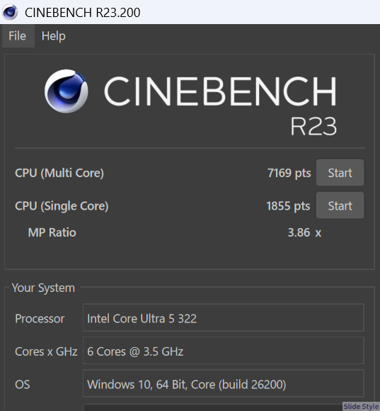 Cinebench R23のマルチコア7169ptsの結果画面