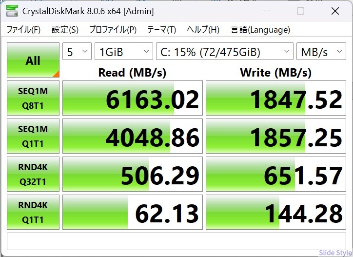 CrystalDiskMark の結果画面。SEQ1M Q8T1 読込6,163MB/s、書込1,848MB/s