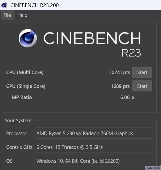 CINEBENCH R23 の結果画面。マルチコア10,241 pts、シングルコア1,689 pts