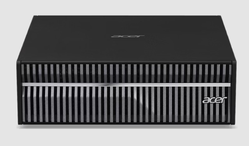 Acer Veriton GN100の外観。黒い箱型の小型機で、前面に縦のスリットと横一本の銀色のライン、右下にacerのロゴ