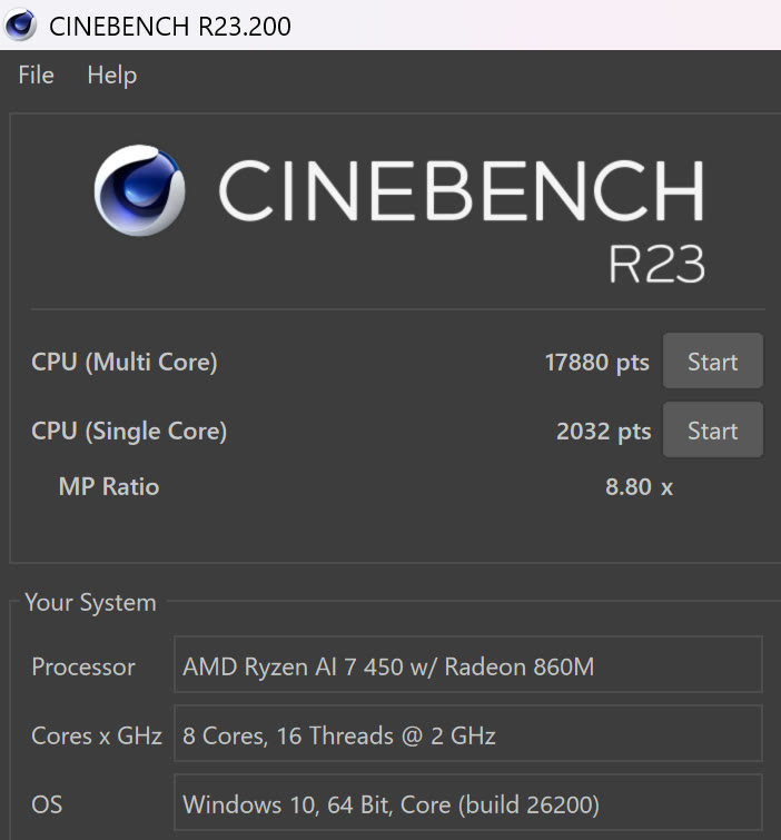 CINEBENCH R23の結果画面。マルチコア17880pts、シングルコア2032pts