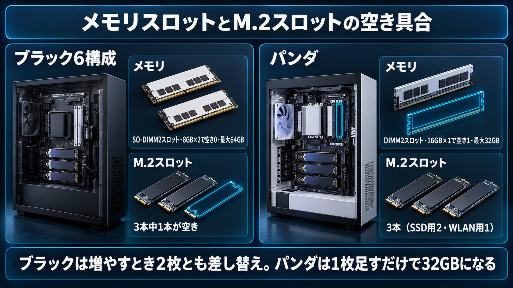 ブラックはSO-DIMM 2枚で空きなし・M.2は1本空き、パンダはDIMM 1枚空き・M.2は3本の割り振り