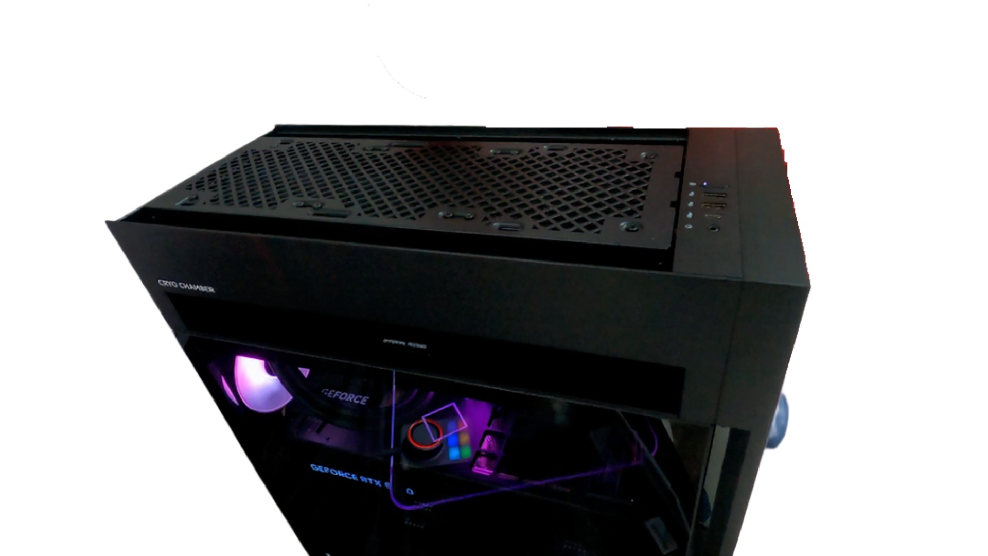 HyperX OMEN MAX 45Lの天面と上部。天面のメッシュとCryoチェンバーの区画、ガラス越しの水冷ヘッドが見える