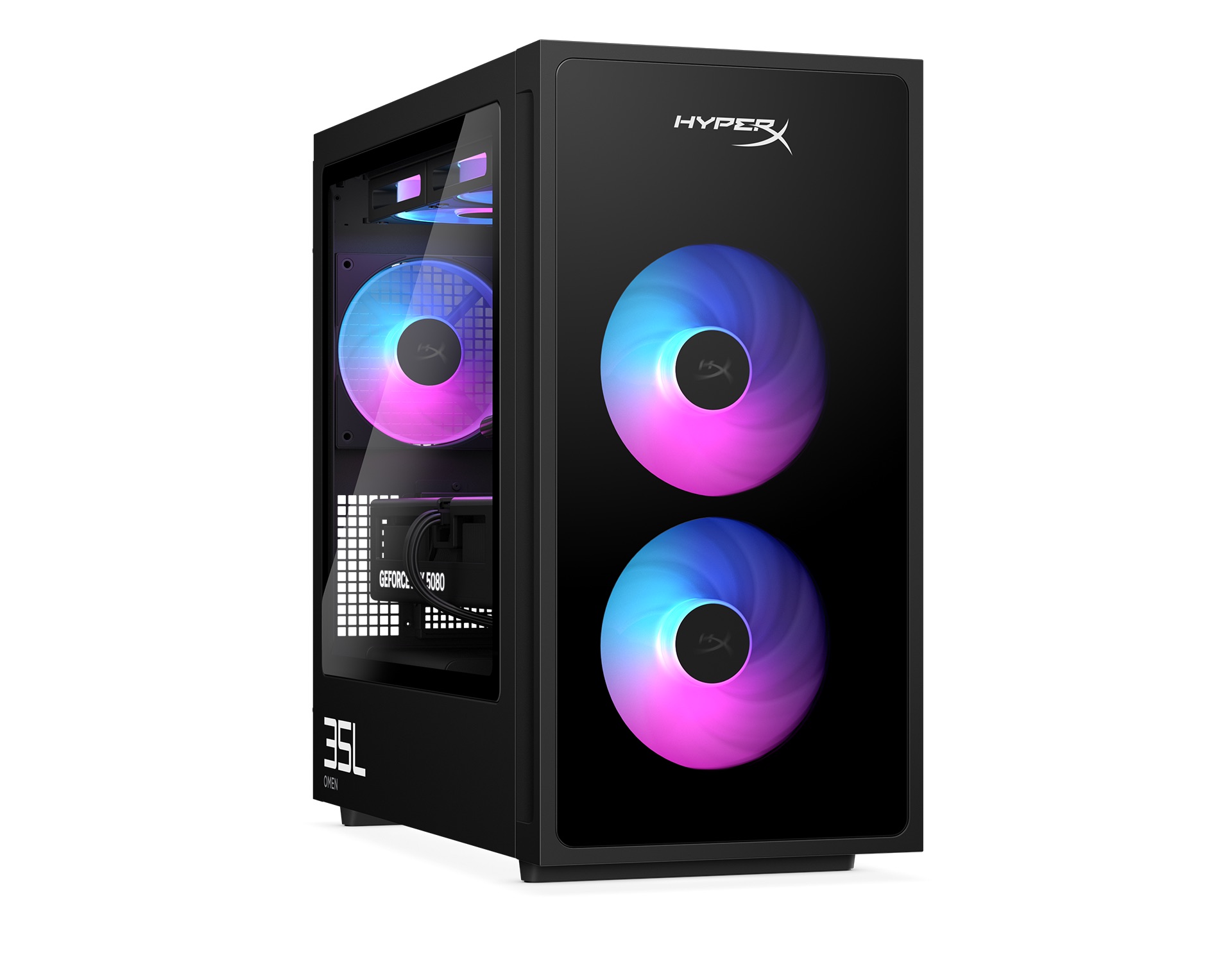 HyperX OMEN 35Lの外観。前面にHyperXのロゴと2基のARGBファン、左サイドはガラスパネルで内部が見える