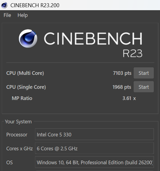 CINEBENCH R23の結果。Intel Core 5 330でマルチ7,103pts・シングル1,968pts