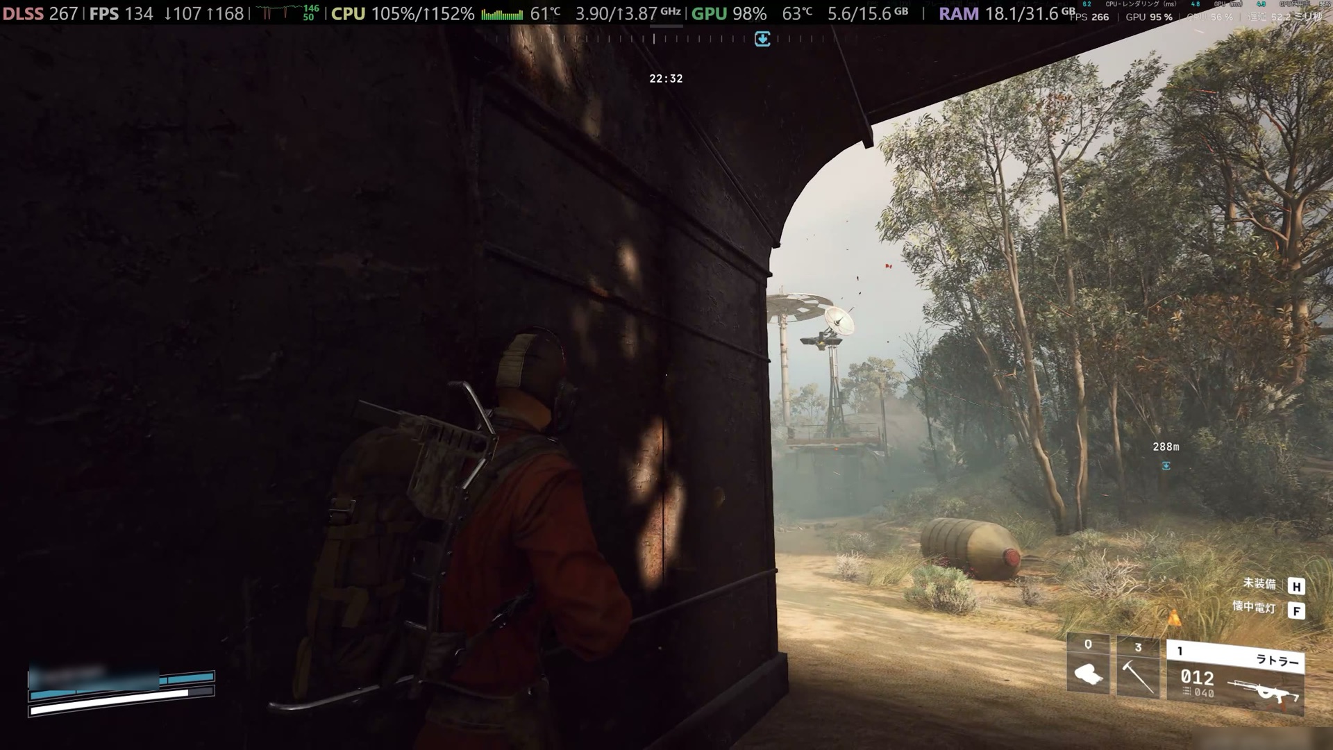 Arc Raidersのダム戦場を中設定・WQHDで遊んでいる画面。左上にSteamのオーバーレイでフレーム生成前後のfpsが表示されている