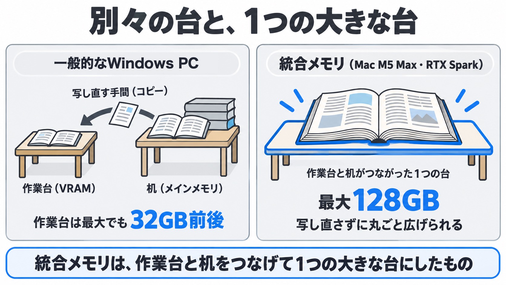 別々の台と、1つの大きな台。(左:一般的なWindowsノート=作業台(VRAM・最大でも32GB前後)と机(メインメモリ)が離れていて、本を写し直して運ぶ矢印(コピー)。右:統合メモリ(Mac M5 Max・RTX Spark)=作業台と机がつながった1枚の大きな台(最大128GB)に百科事典が丸ごと広がっている。表示する数値はだけ)
