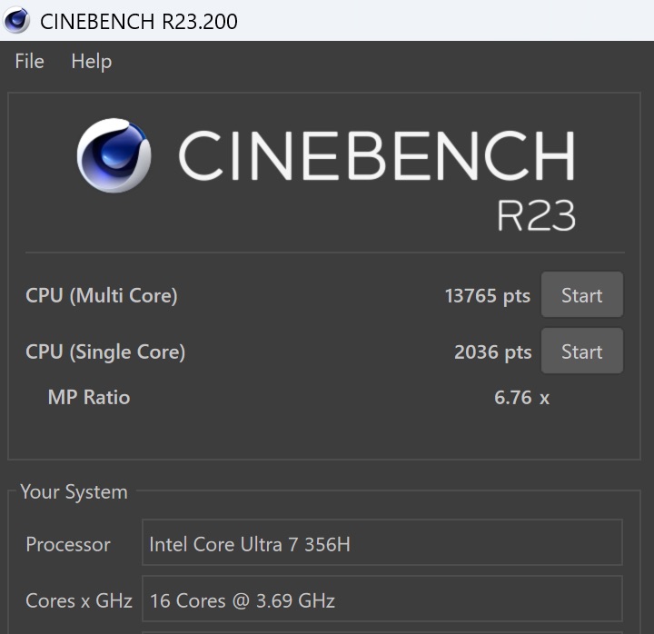 CINEBENCH R23の結果。マルチコア13765pts、シングルコア2036pts