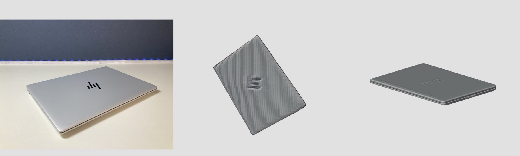 閉じたノートパソコンを斜めから撮った写真と、その写真からTripoSRとTripoSGが作った3Dモデル。TripoSRはしわのある板、TripoSGは薄いノートパソコンの形
