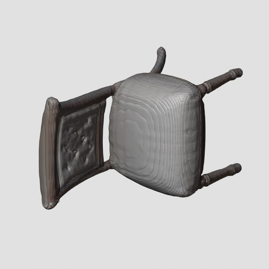 TripoSRが公式の見本画像から作ったいすの3Dモデル。脚や背もたれの模様まで形になっている