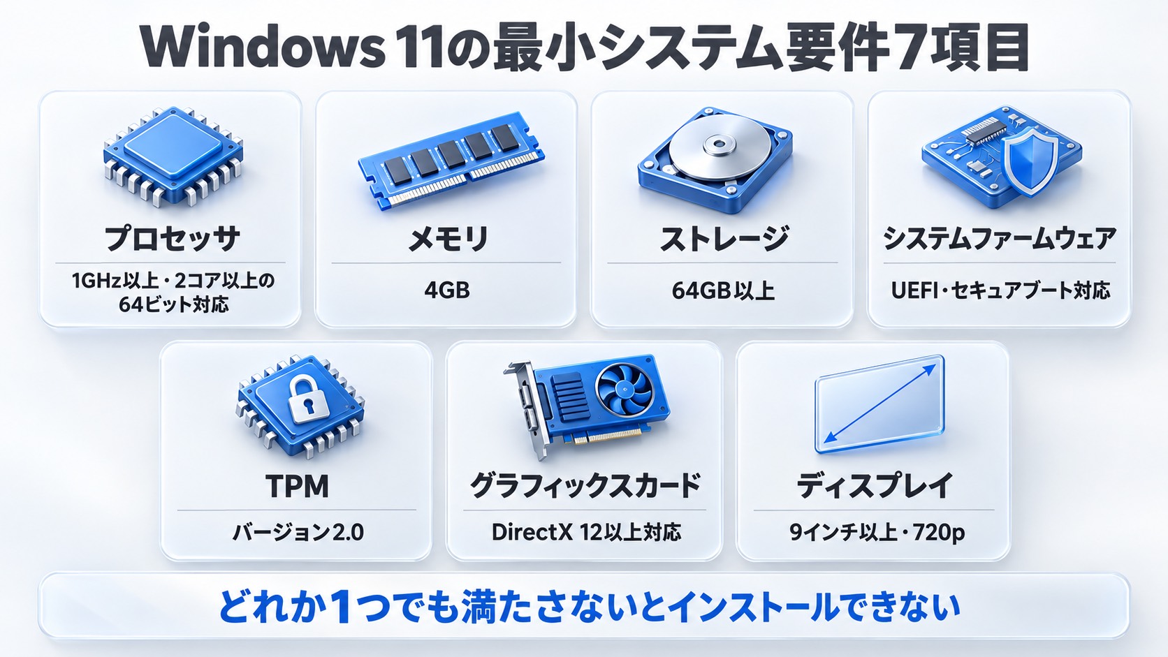Windows 11の最小システム要件7項目。プロセッサ=1GHz以上・2コア以上の64ビット対応、メモリ=4GB、ストレージ=64GB以上、システムファームウェア=UEFI・セキュアブート対応、TPM=バージョン2.0、グラフィックスカード=DirectX 12以上対応、ディスプレイ=9インチ以上・720p